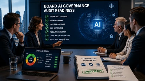 Corporate board meeting reviewing AI governance policies, risk management, compliance, and audit readiness in a modern boardroom.