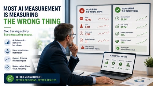 Business leader comparing vanity AI metrics with business outcome metrics such as revenue, cost savings, and customer impact.
