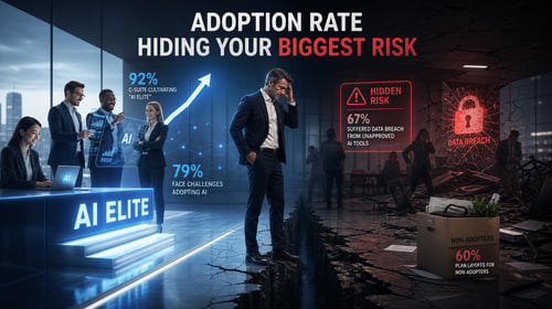 Executives and employees discuss AI adoption while data breach warnings and a non-adopter layoff box are prominently displayed.