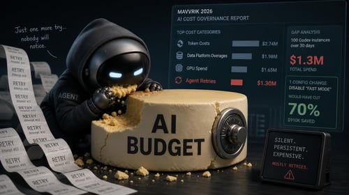 A small robot labeled Agent nibbles on a cake marked AI Budget with retry receipts spilling beside it.