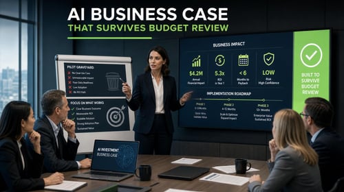 A businesswoman presents an AI business case to colleagues, highlighting impact and implementation strategies on a screen.