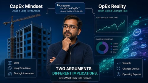Man in glasses with folded arms, construction site background, surrounded by charts and financial terms.