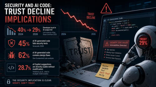 A graph shows declining trust in AI code security from 2024 to 2026, alongside a robot beside a Security Test Failed alert.