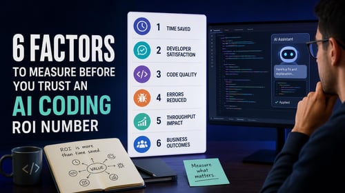 A developer looks at an AI assistant screen with a list of six evaluation factors displayed nearby.
