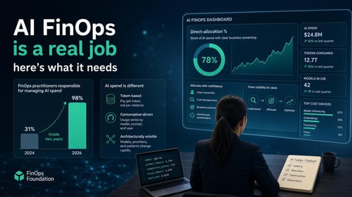 A person studies an AI FinOps dashboard displaying metrics like direct-allocation percentage and AI spend.