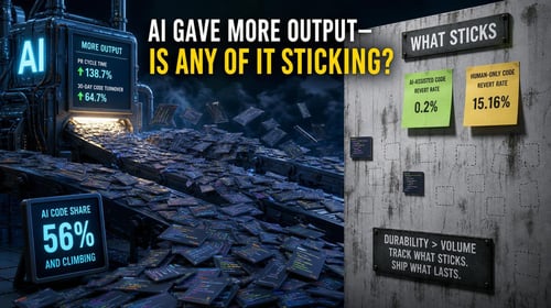 A machine labeled AI produces many code cards, with statistics showing AI code's lower revert rate compared to human code.