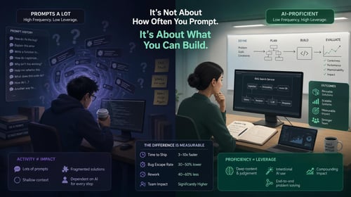 Split image of two engineers, one surrounded by prompts and another with a structured workflow.