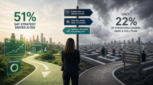 A person stands at crossroads, with a sunny path on the left labeled 51% strategy and a maze on the right labeled 22% plan.