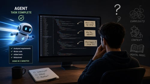A person ponders code on a screen while a robot with task completion details hovers nearby.