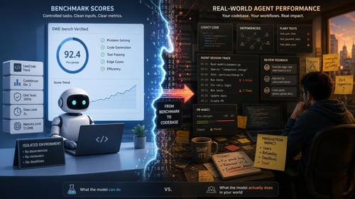 Split-screen image contrasting benchmark scores with real-world coding agent performance in a codebase.