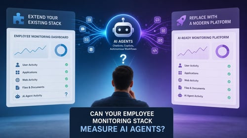 Man considering two options for AI agent monitoring in a futuristic interface setting.