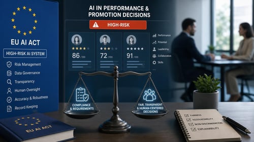 EU AI Act guidelines and high-risk classification details, alongside scales and a business meeting.