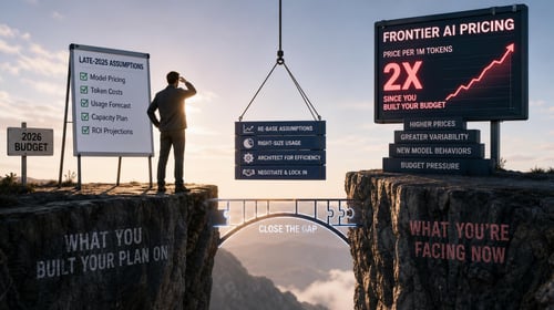 A businessman stands between two cliffs labeled 