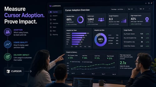 Two people look at a dashboard displaying Cursor adoption statistics by team, role, and user activity metrics.