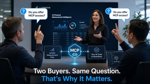 Three people are in a meeting room with a woman presenting, while two men ask about MCP access.