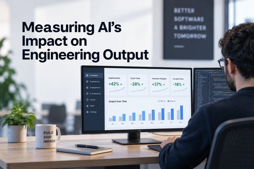 Engineering dashboard showing changes in deployments, cycle time, features shipped, and incident rate before and after AI adoption.