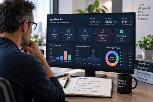 Multi-agent AI cost tracking dashboard showing workflow cost by agent step, token usage, retries, and cost per workflow run.