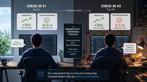 Two developers at desks show varying productivity scores and experiences over time with AI tools.