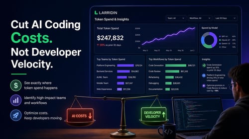 A person working at a desk with a scale displaying AI Costs and Developer Velocity alongside analytics on a screen.