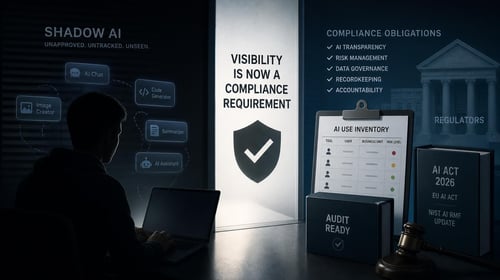 A person works on a laptop with various AI tool icons and compliance requirements displayed around them.